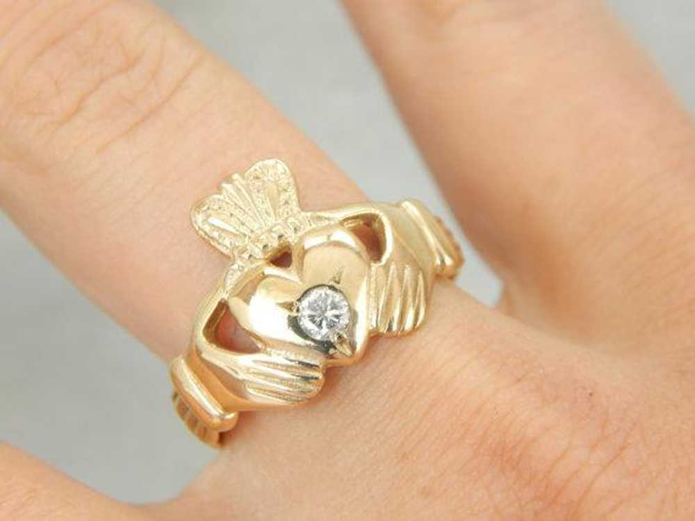 Diamond Center Gold Claddagh Ring - image 5