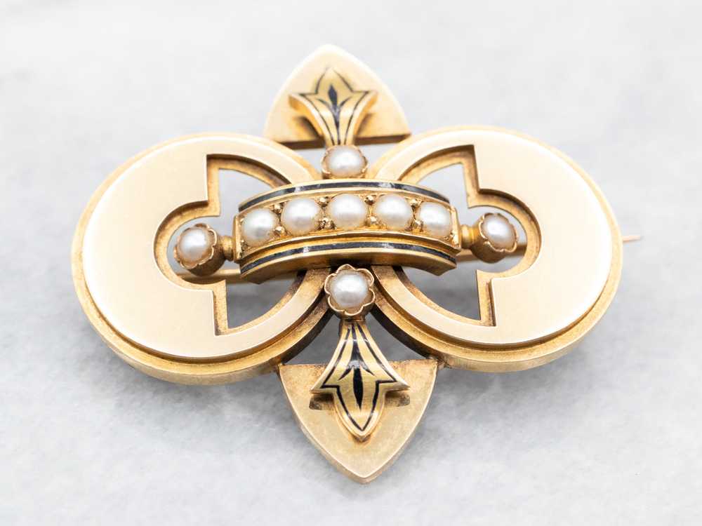 Victorian Gothic Enamel and Seed Pearl Brooch - image 2