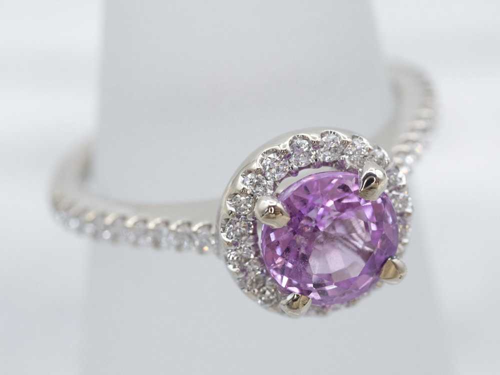 White Gold Pink Sapphire Halo Engagement Ring - image 3