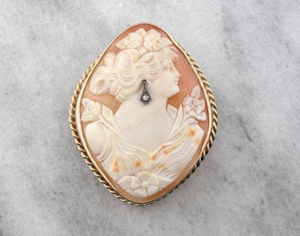 Rare Diamond Shaped Shell Cameo with Diamond Earr… - image 1