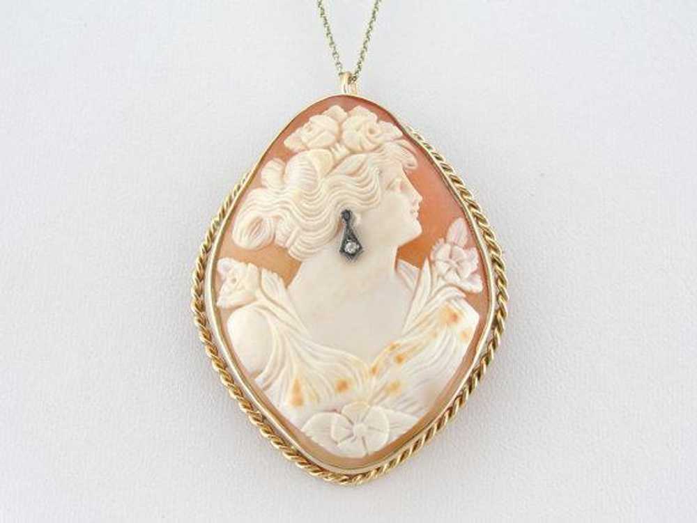 Rare Diamond Shaped Shell Cameo with Diamond Earr… - image 5