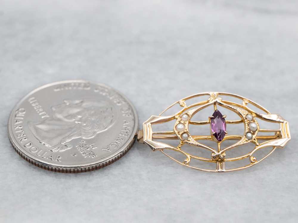 Antique Amethyst Glass Seed Pearl Filigree Brooch - image 10