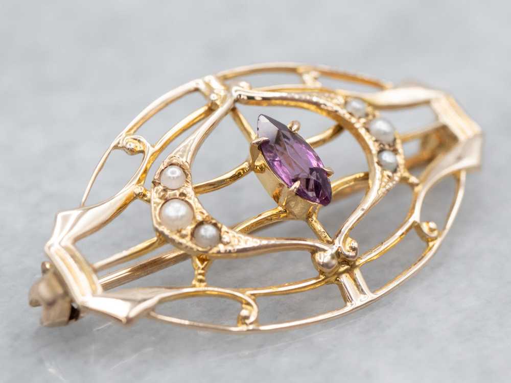 Antique Amethyst Glass Seed Pearl Filigree Brooch - image 1