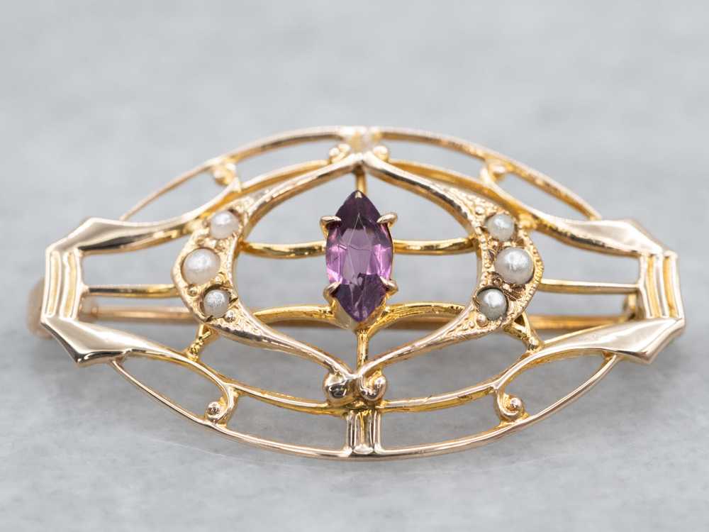 Antique Amethyst Glass Seed Pearl Filigree Brooch - image 2