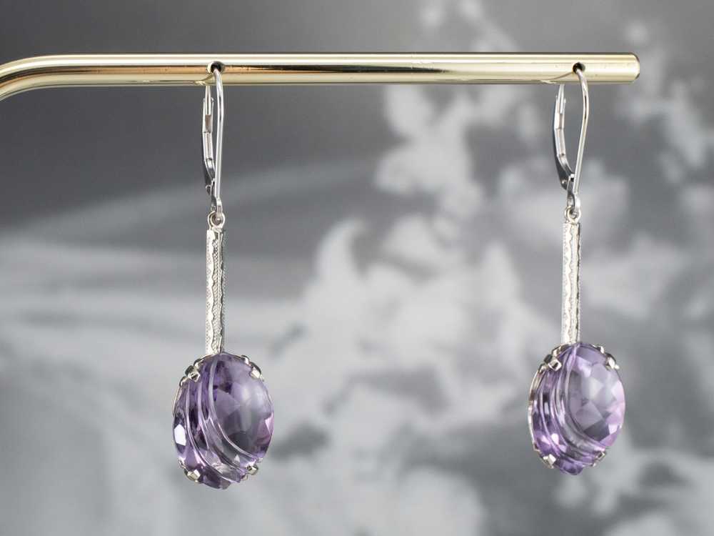 Engraved Bar Drop White Gold Amethyst Earrings - image 10