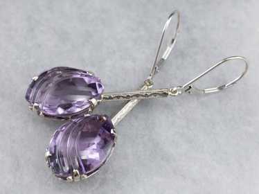 Engraved Bar Drop White Gold Amethyst Earrings - image 1