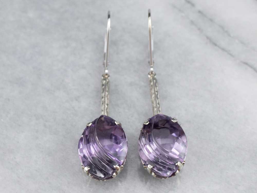 Engraved Bar Drop White Gold Amethyst Earrings - image 2