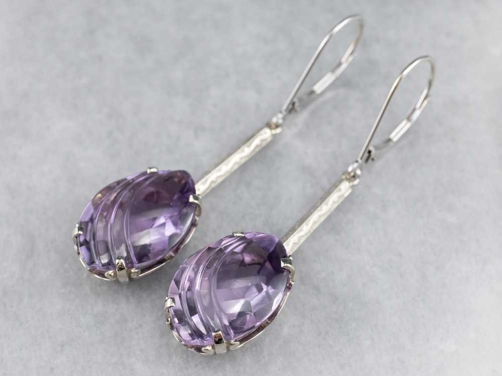 Engraved Bar Drop White Gold Amethyst Earrings - image 3