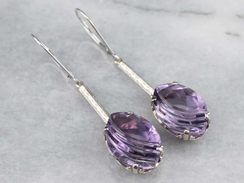 Engraved Bar Drop White Gold Amethyst Earrings - image 4