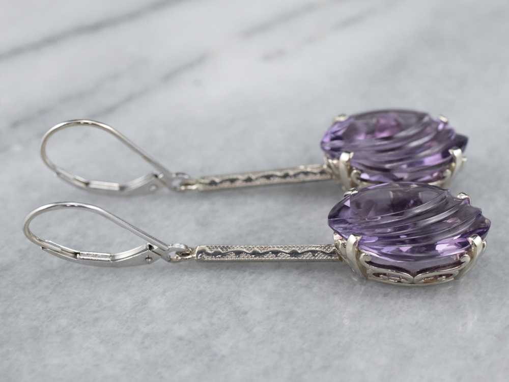 Engraved Bar Drop White Gold Amethyst Earrings - image 5