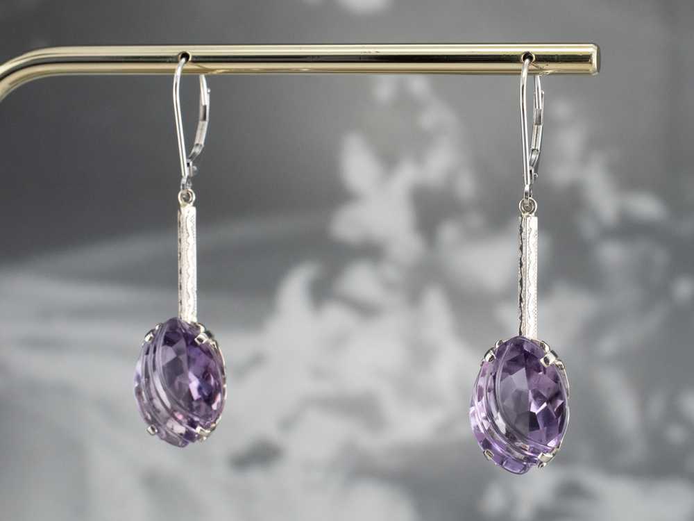 Engraved Bar Drop White Gold Amethyst Earrings - image 9