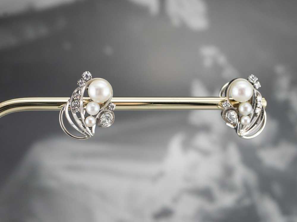 Retro Era Pearl and Diamond Stud Earrings - image 10