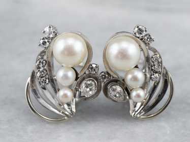 Retro Era Pearl and Diamond Stud Earrings - image 1