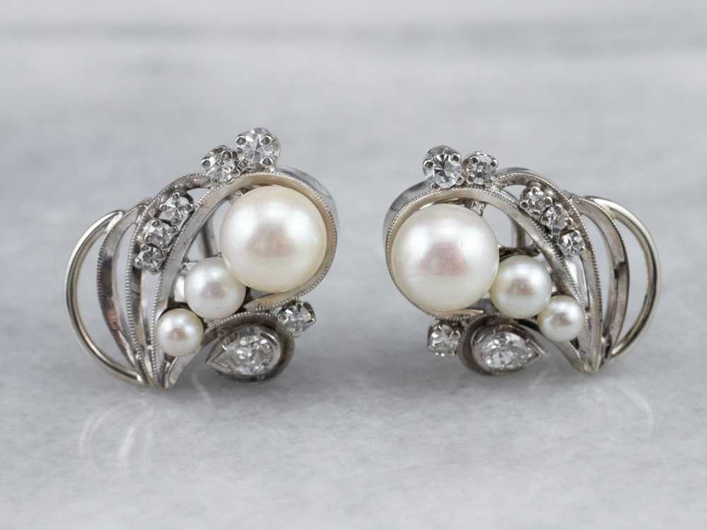 Retro Era Pearl and Diamond Stud Earrings - image 2