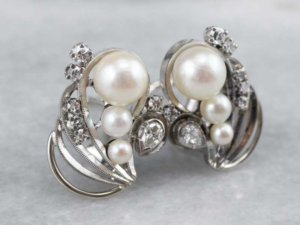 Retro Era Pearl and Diamond Stud Earrings - image 3