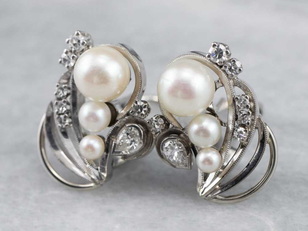 Retro Era Pearl and Diamond Stud Earrings - image 4