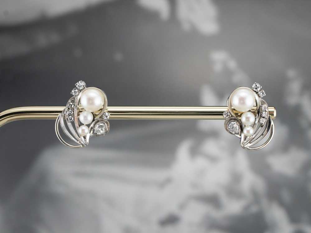 Retro Era Pearl and Diamond Stud Earrings - image 8