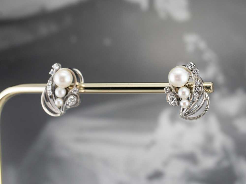 Retro Era Pearl and Diamond Stud Earrings - image 9