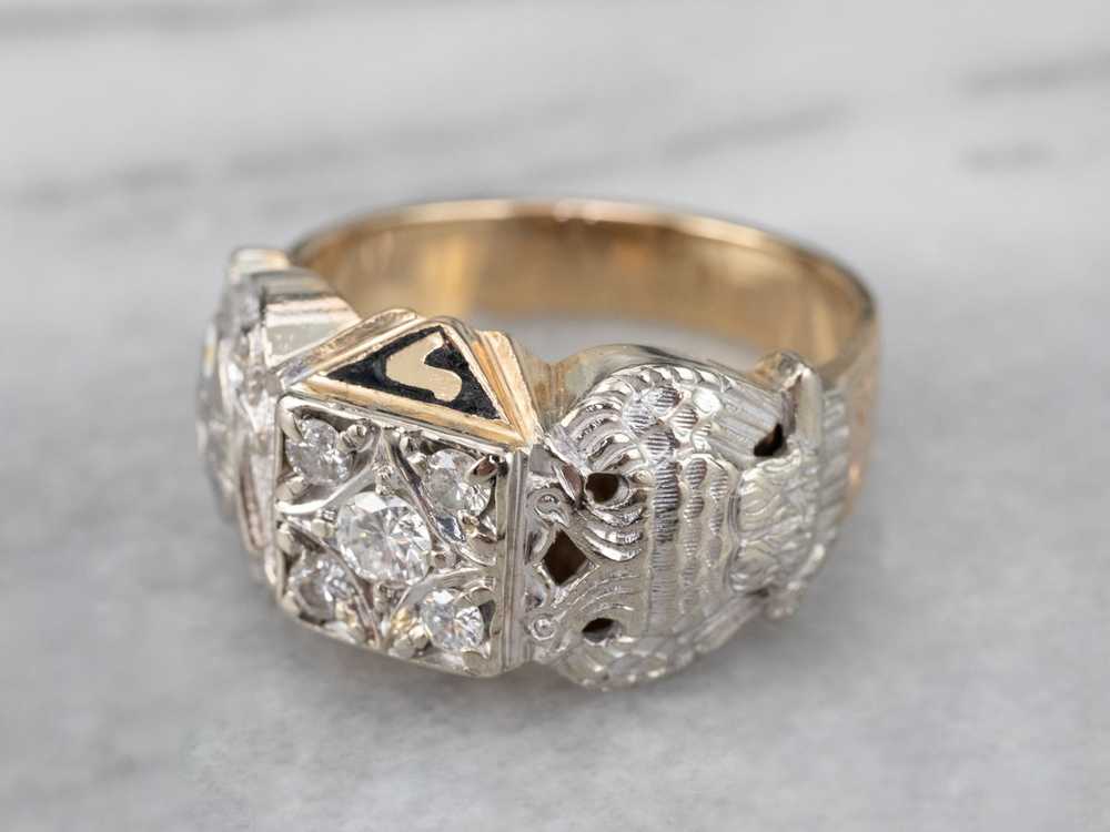 Masonic Diamond Enamel Two Tone Gold Ring - image 3