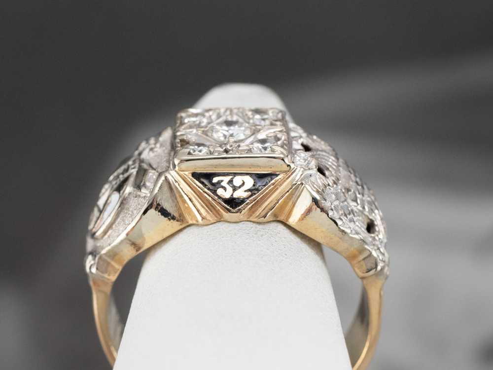 Masonic Diamond Enamel Two Tone Gold Ring - image 8