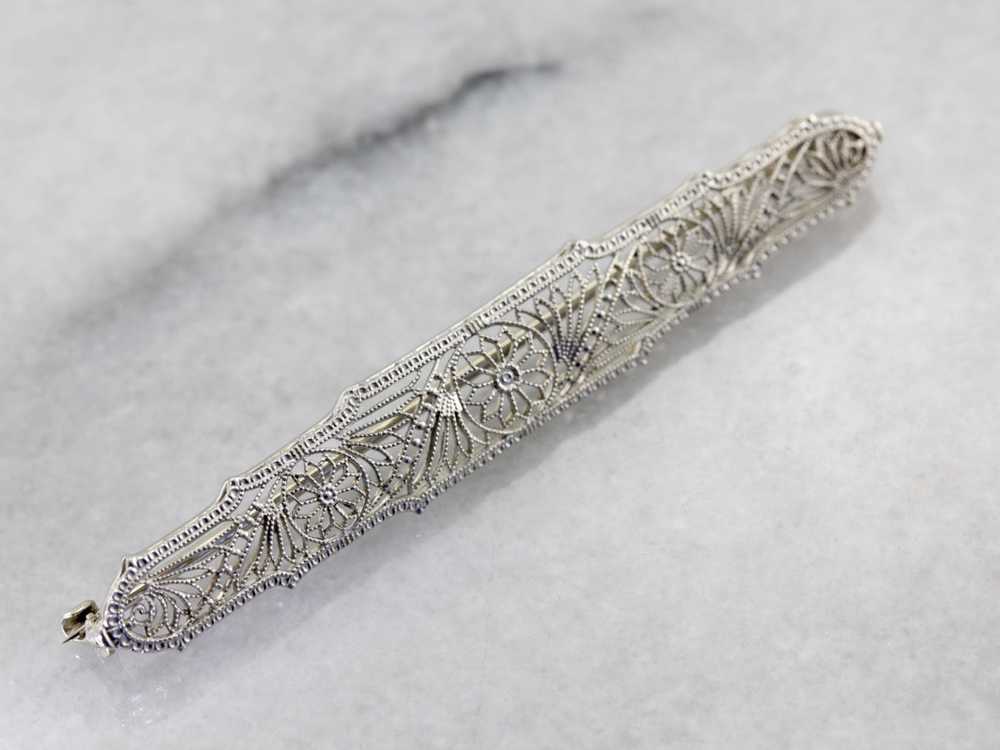 Gorgeous 1920's Floral Filigree Bar Pin - image 4