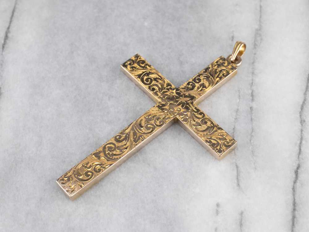 Large Engraved 1950s Gold Cross - image 3