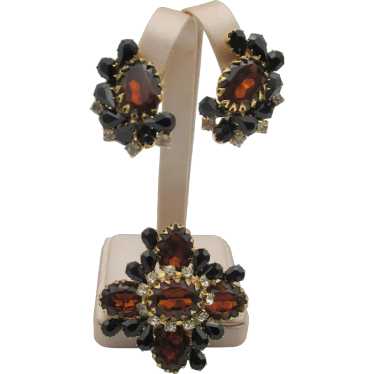 Stunning Amber and Black Rhinestone Brooch and Ea… - image 1