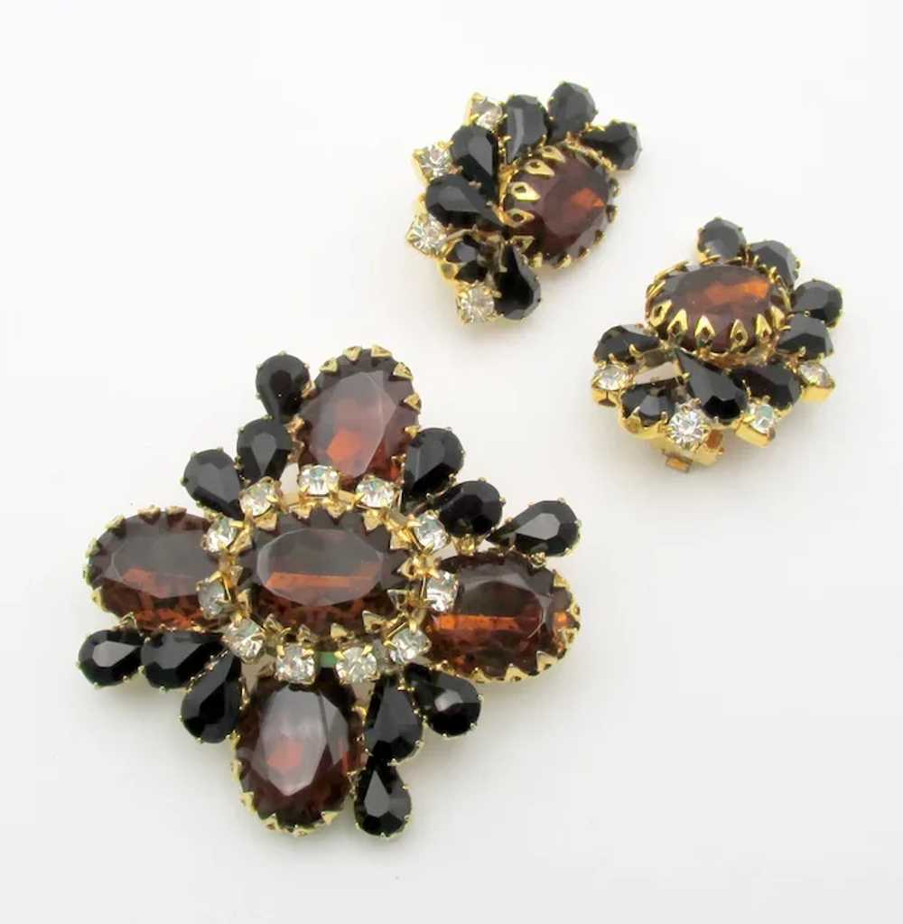 Stunning Amber and Black Rhinestone Brooch and Ea… - image 2