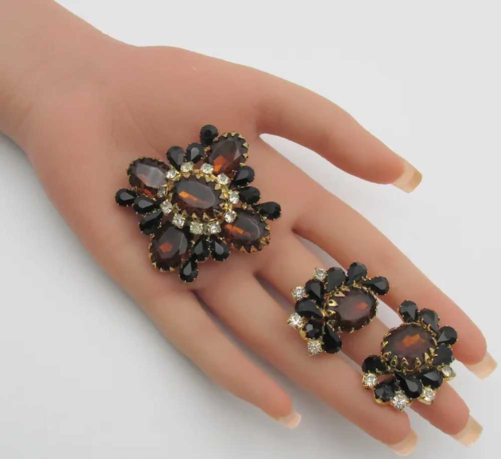 Stunning Amber and Black Rhinestone Brooch and Ea… - image 3