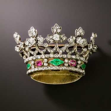 Victorian Diamond and Gemstone Royal Crown Brooch