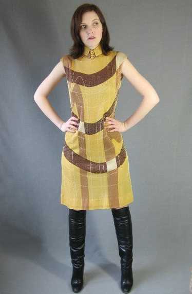 60s Mod Gold Metallic Dress Vintage Op Art Modest 