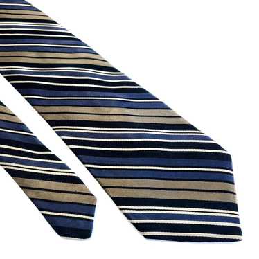 Designer Paul Dione Blue Brown Striped Print Silk… - image 1