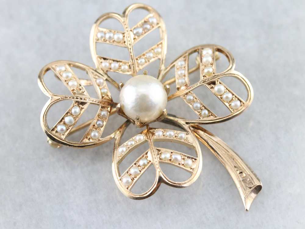 Antique Pearl Four Leaf Clover Brooch or Pendant - image 1