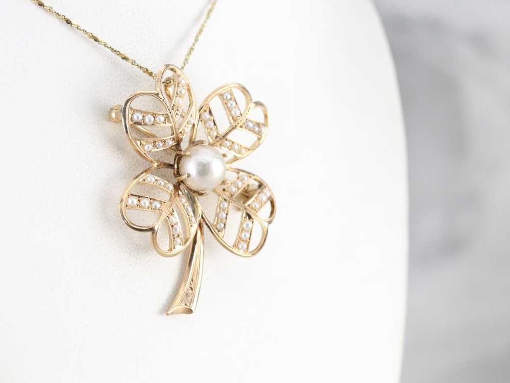 Antique Pearl Four Leaf Clover Brooch or Pendant - image 4