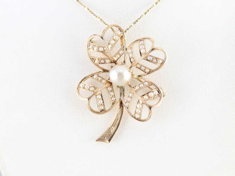 Antique Pearl Four Leaf Clover Brooch or Pendant - image 5