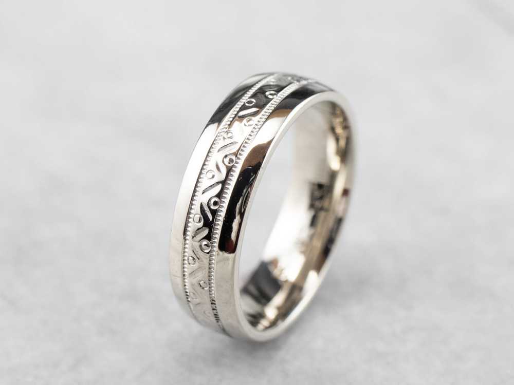 Patterned White Gold Wedding Band - image 1