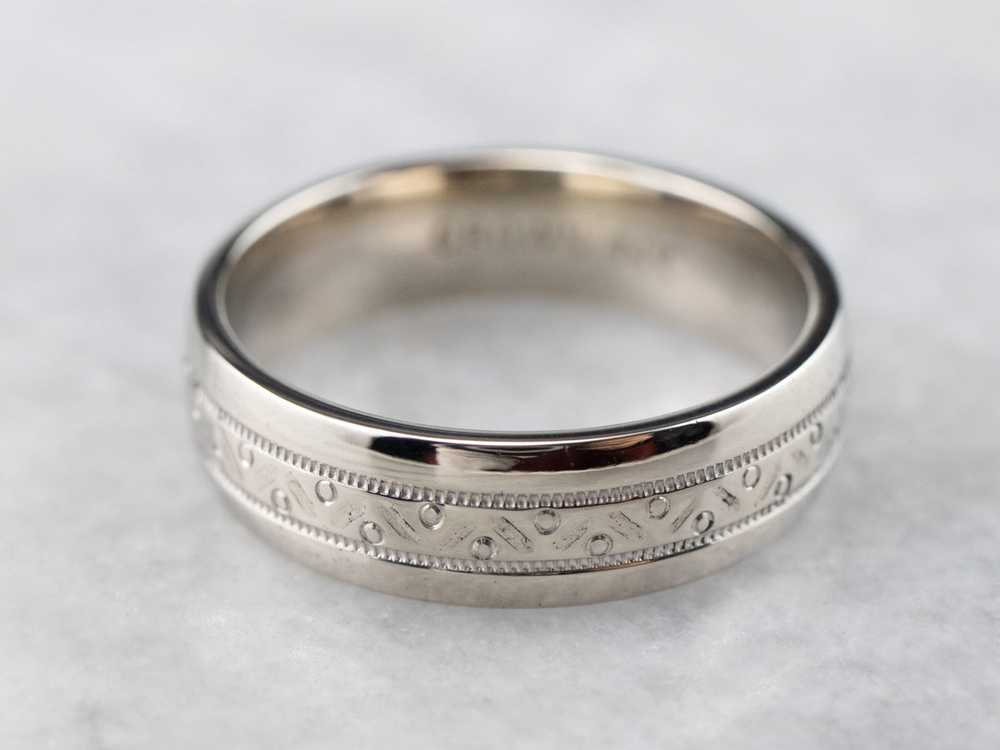 Patterned White Gold Wedding Band - image 2