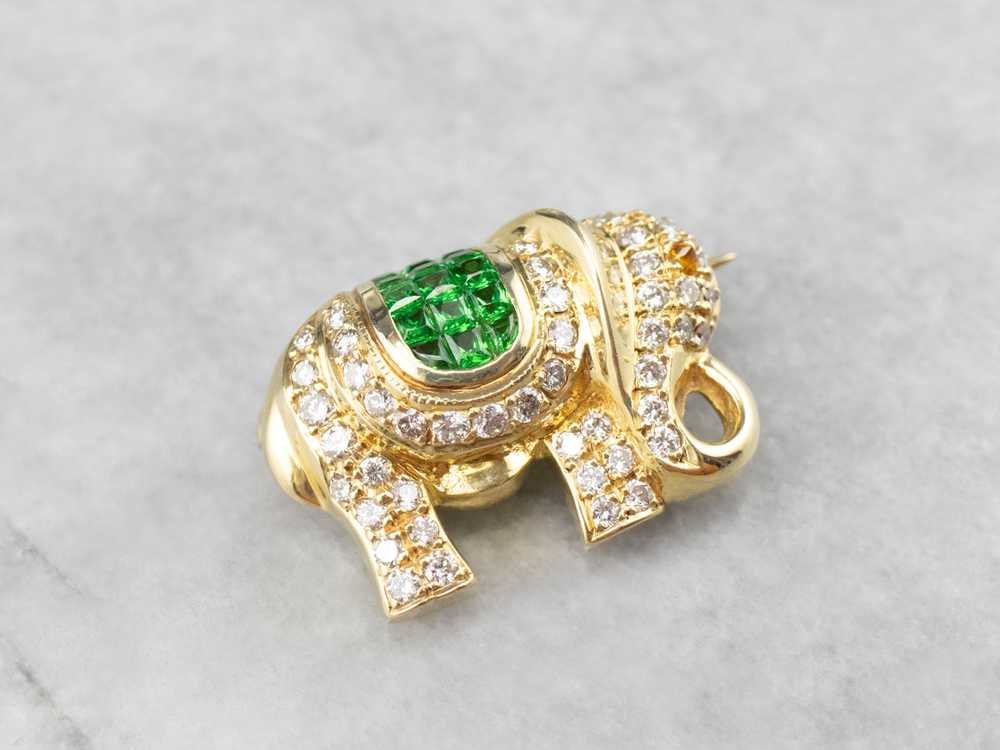 Diamond Tsavorite Garnet Gold Elephant Brooch - image 2