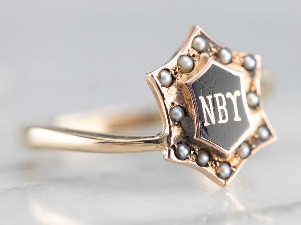 Antique NBY Enamel and Seed Pearl Ring - image 3