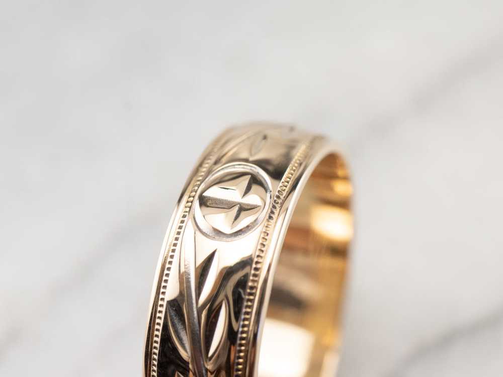 Laurel Patterned Two Tone Gold Wedding Band - image 6