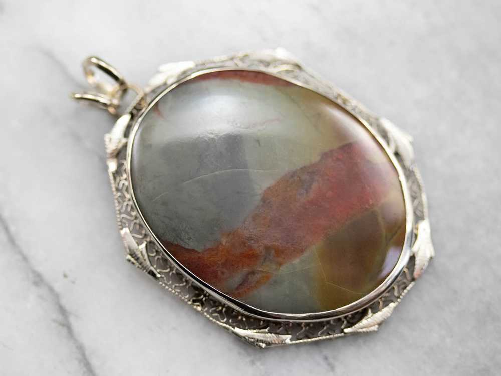 Earthy Jasper White Gold Filigree Pendant - image 1