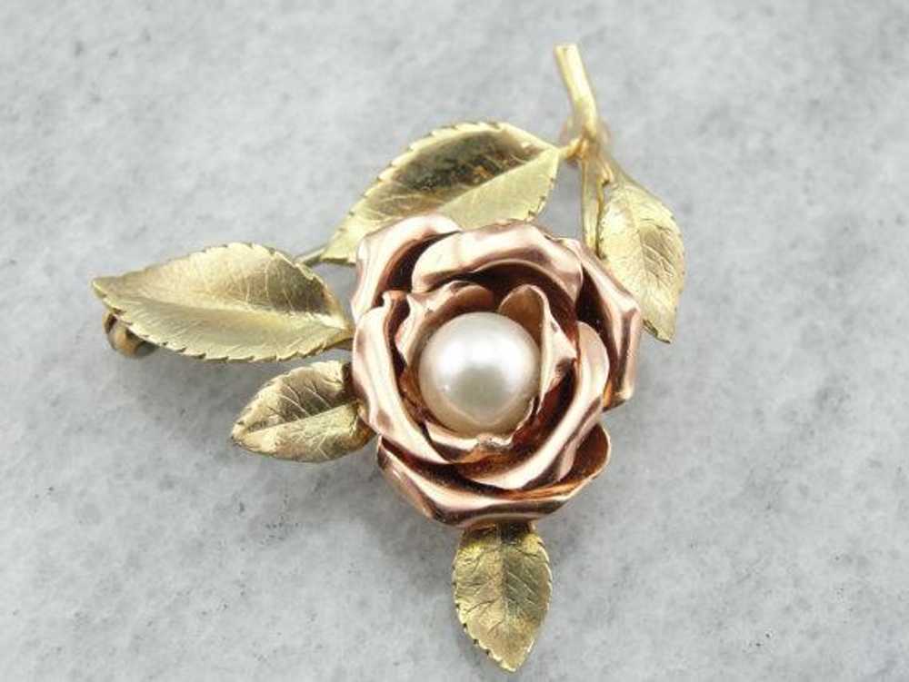 Green and Pink Gold Rose Brooch with Pretty Pearl… - image 1