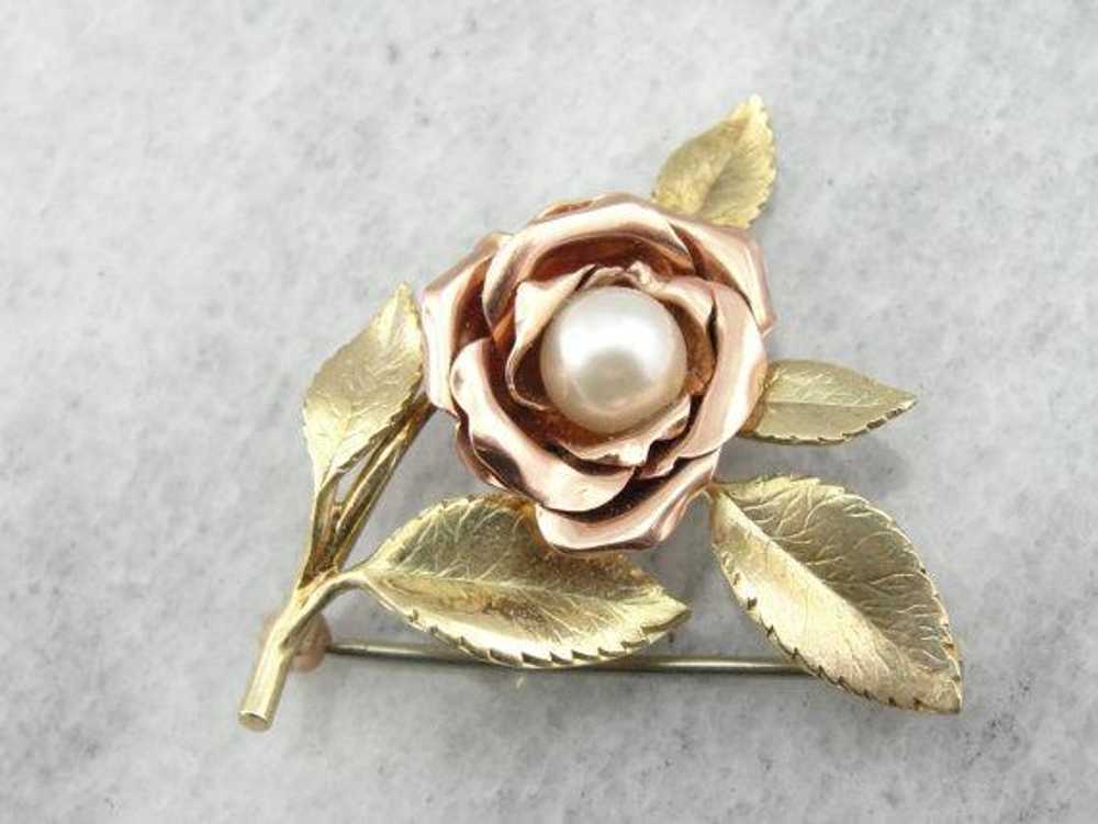 Green and Pink Gold Rose Brooch with Pretty Pearl… - image 2