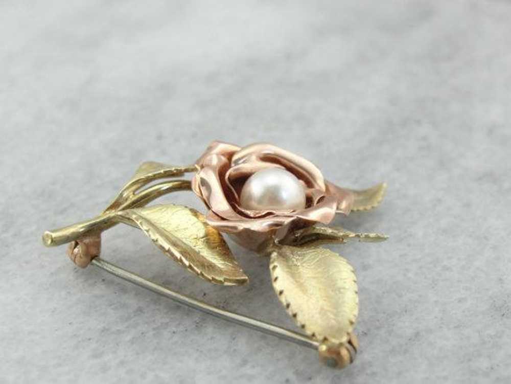 Green and Pink Gold Rose Brooch with Pretty Pearl… - image 3