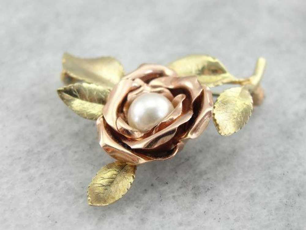 Green and Pink Gold Rose Brooch with Pretty Pearl… - image 5