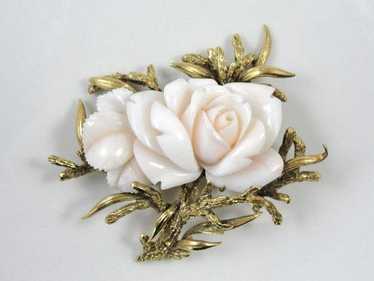 Antique 14K Victorian Coral Pink Angel Skin Salmon and Ivory Roses buy Brooch/ Pin