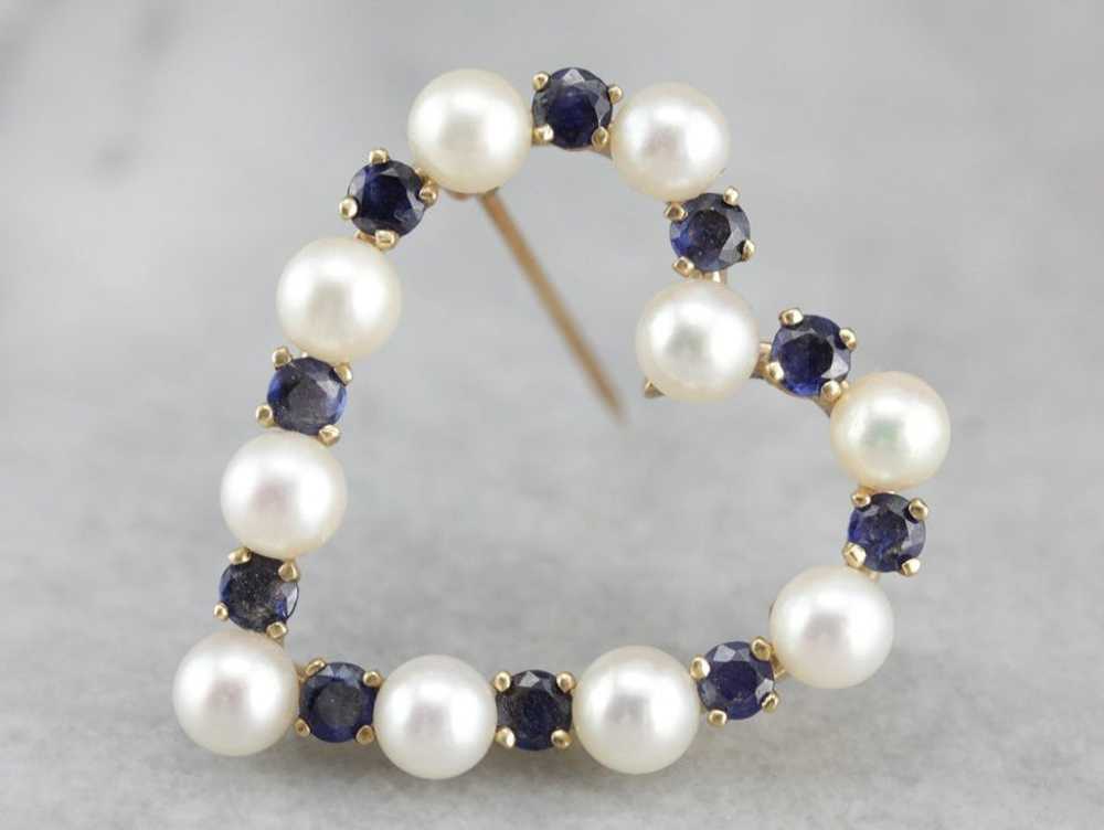 Pearl Sapphire Gold Heart Brooch - image 1