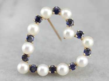 Pearl Sapphire Gold Heart Brooch - image 1