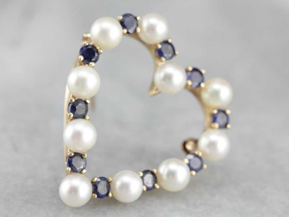 Pearl Sapphire Gold Heart Brooch - image 2