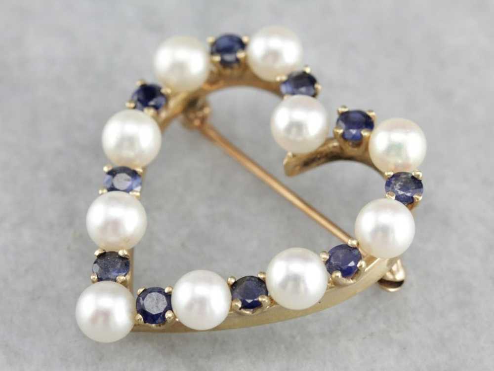 Pearl Sapphire Gold Heart Brooch - image 3